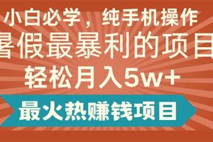 小白必学，纯手机操作，暑假最暴利的项目轻松月入5w+最火热赚钱项目